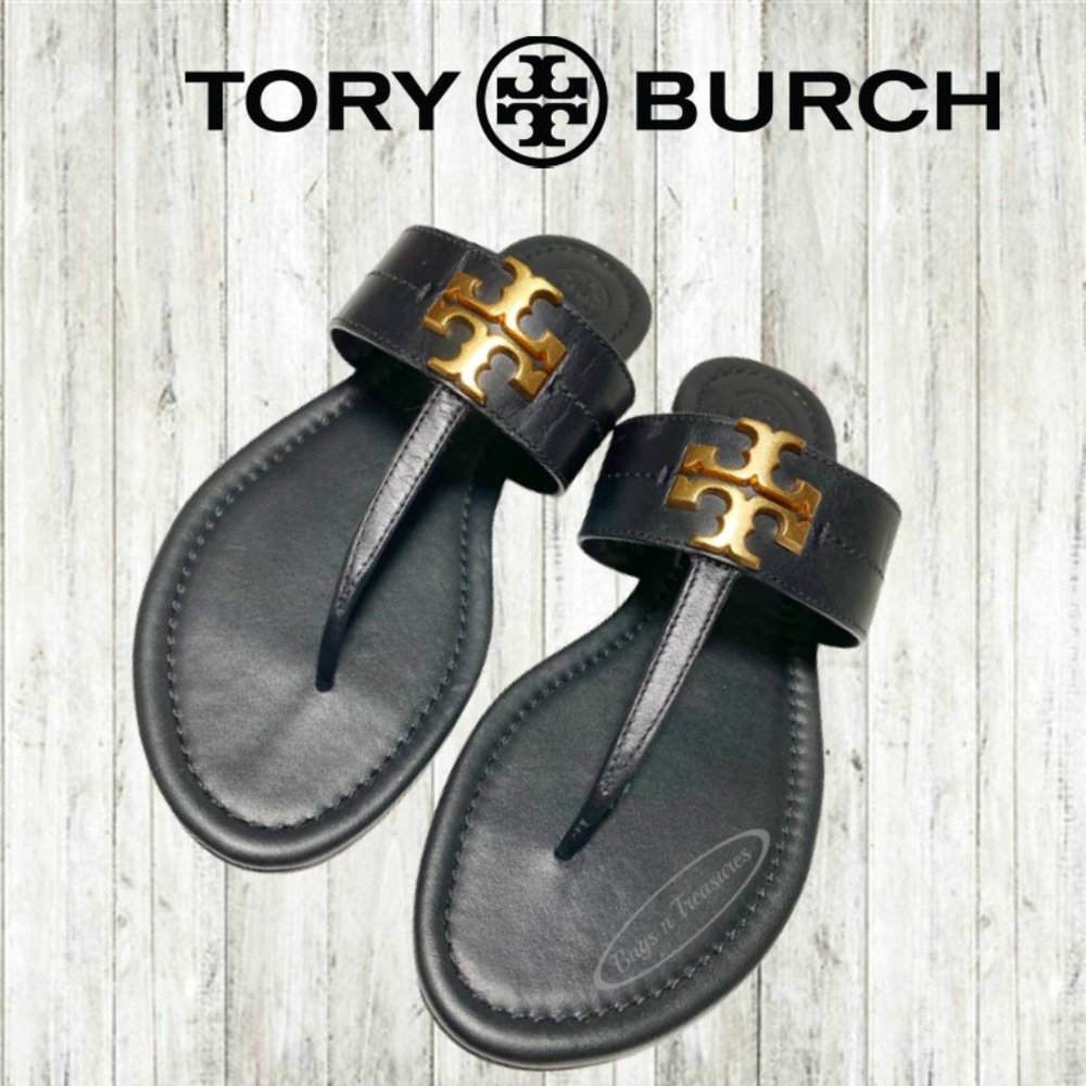 Tory Burch Sandals Size 7.5 Black Leather T-Strap Logo Medallion NIB - Picture 5 of 6